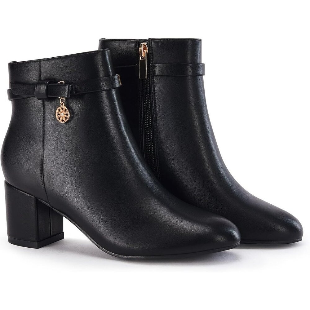 Women’s Cool Black Vintage Chunky Block Low Heel Boots Tie Knot Zipper Booties